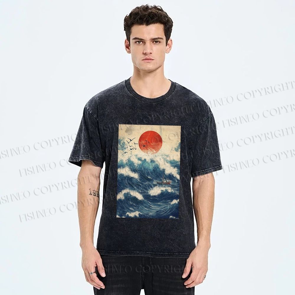 Unisex Japanese Wave Printed Washed Tee