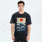 Unisex Japanese Wave Printed Washed Tee