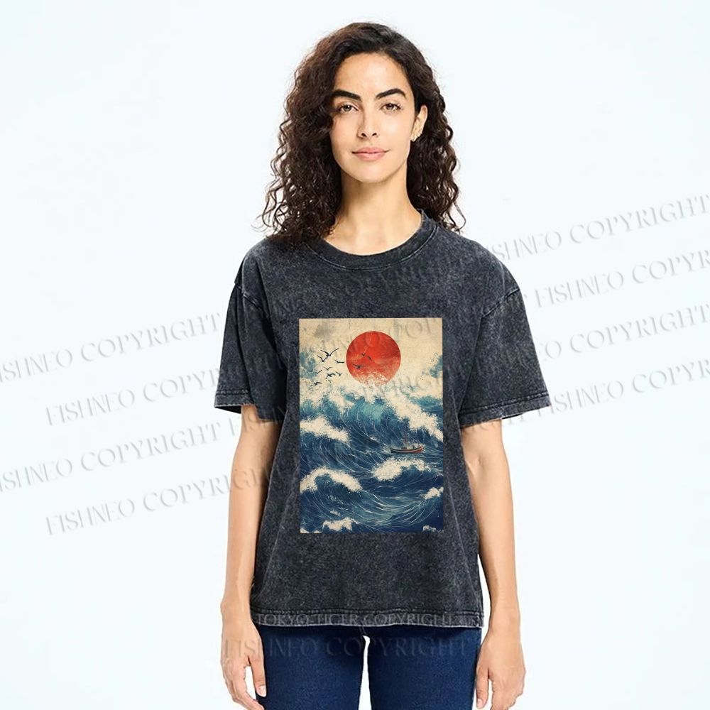 Unisex Japanese Wave Printed Washed Tee