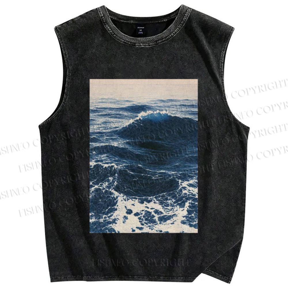 Unisex Japanese Sea Wave Printed Washed Tank Top