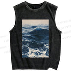 Unisex Japanese Sea Wave Printed Washed Tank Top