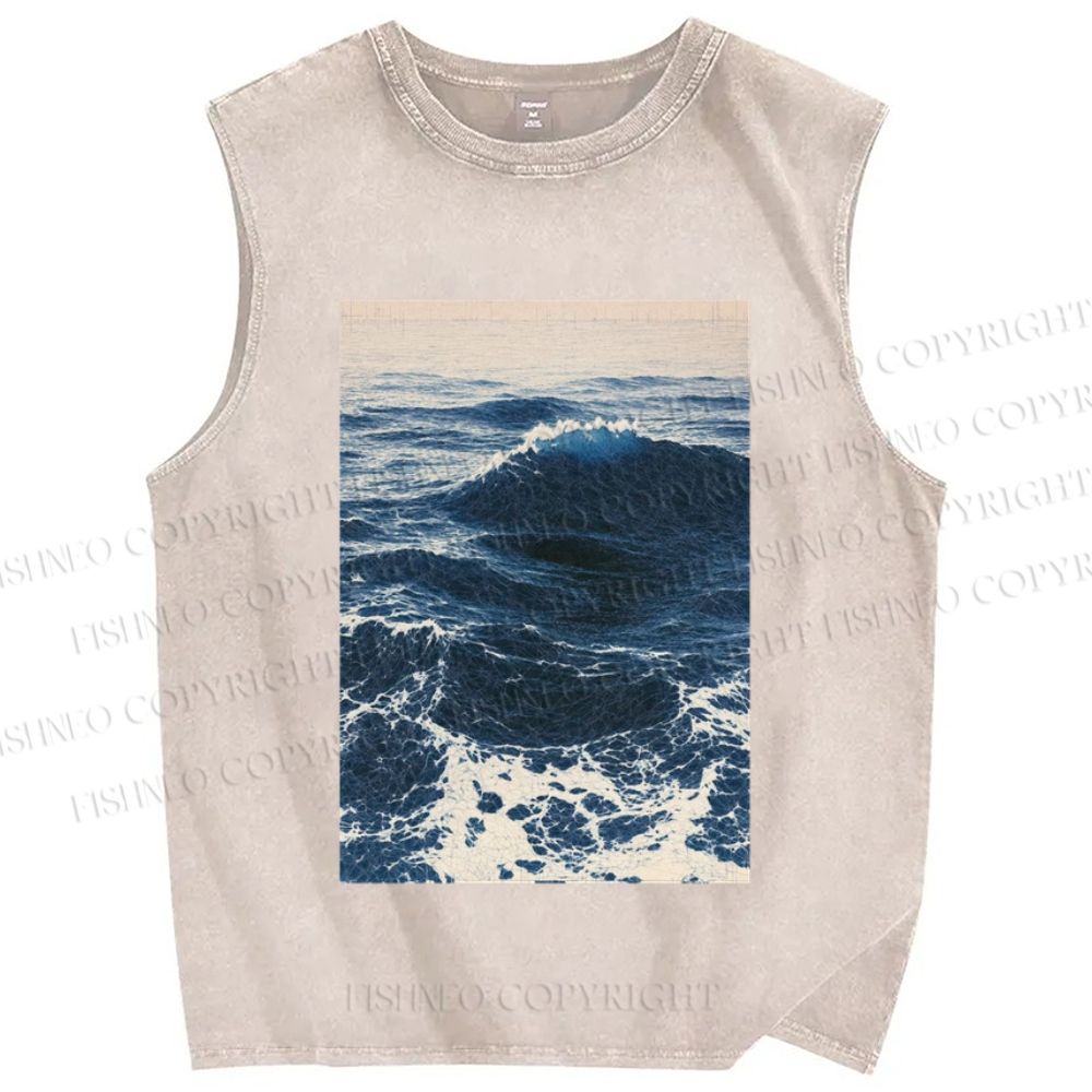 Unisex Japanese Sea Wave Printed Washed Tank Top