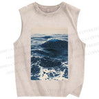 Unisex Japanese Sea Wave Printed Washed Tank Top