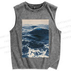 Unisex Japanese Sea Wave Printed Washed Tank Top