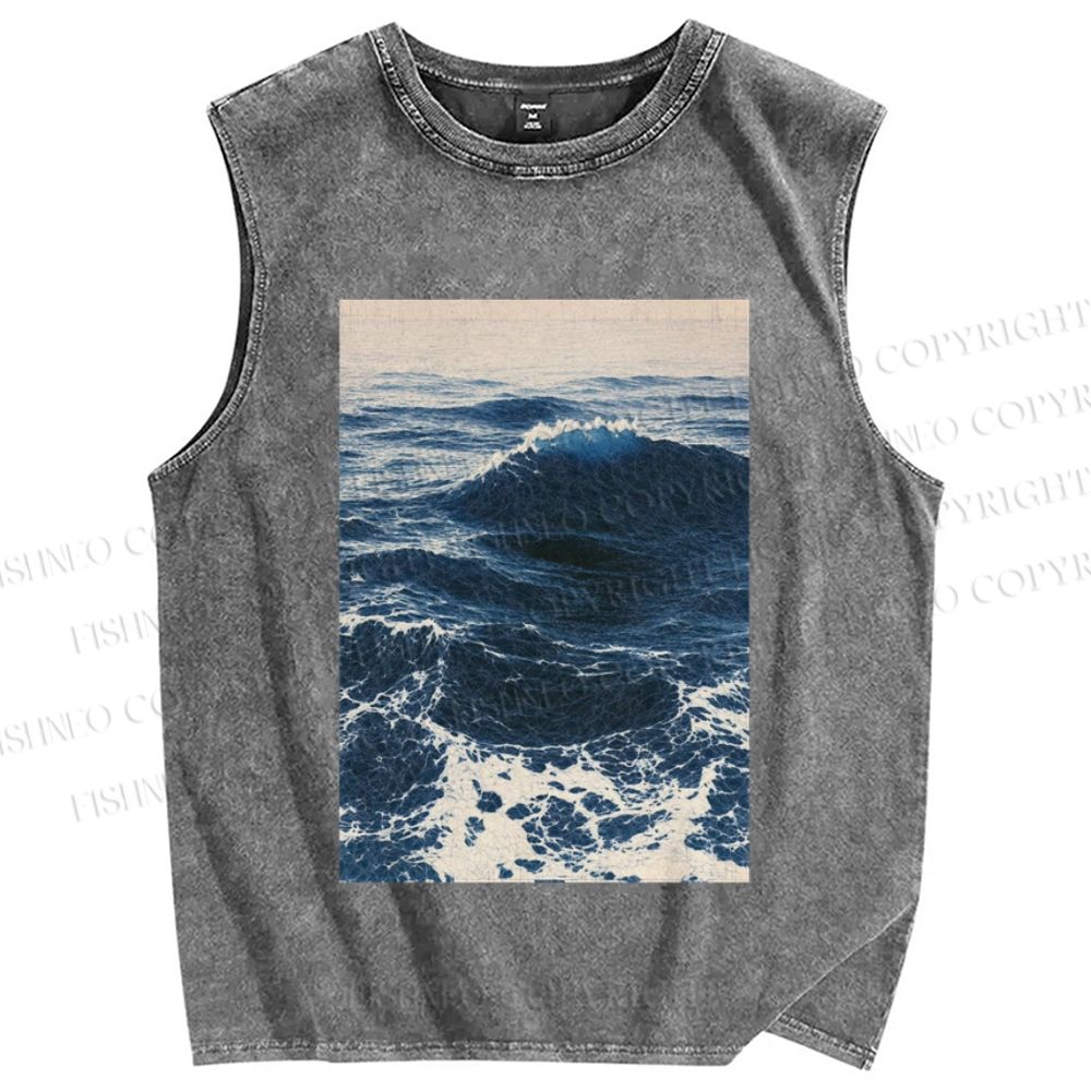 Unisex Japanese Sea Wave Printed Washed Tank Top