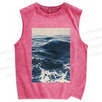 Unisex Japanese Sea Wave Printed Washed Tank Top