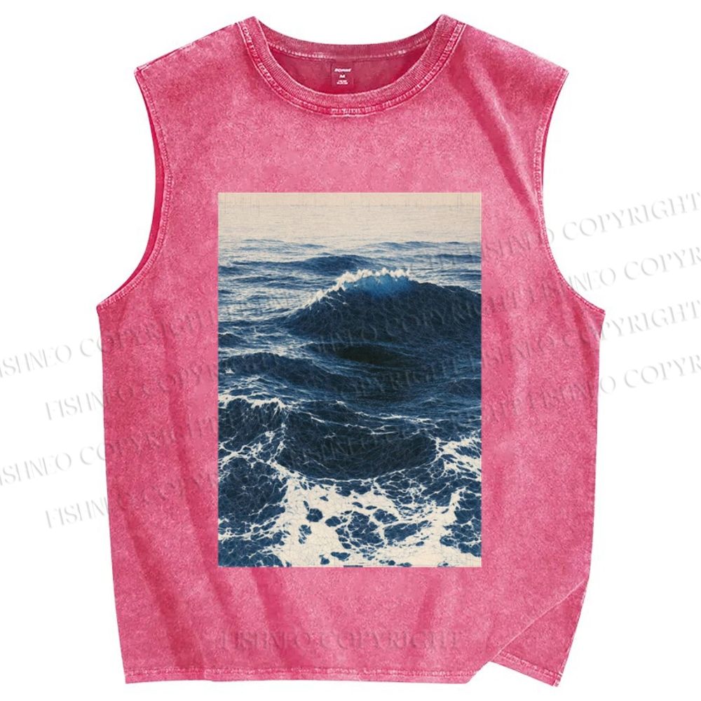 Unisex Japanese Sea Wave Printed Washed Tank Top