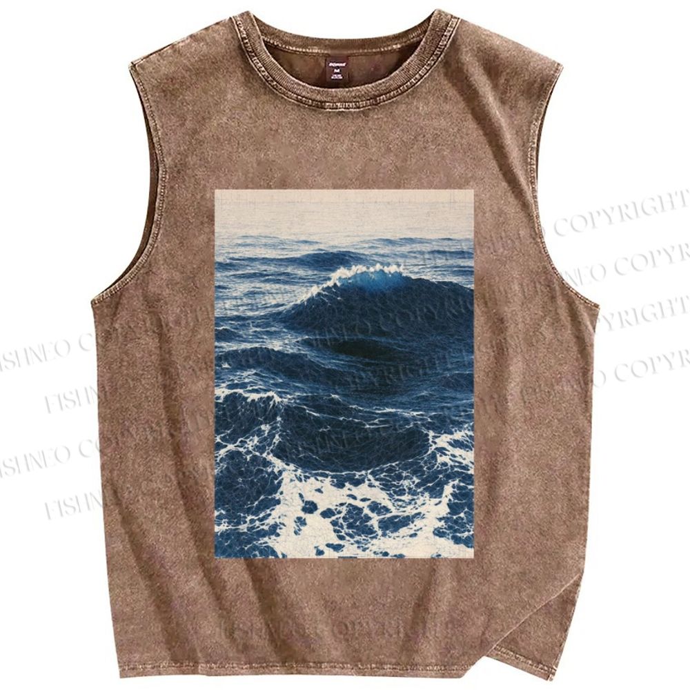 Unisex Japanese Sea Wave Printed Washed Tank Top