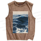 Unisex Japanese Sea Wave Printed Washed Tank Top