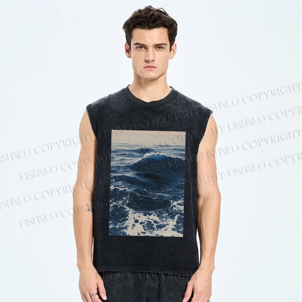 Unisex Japanese Sea Wave Printed Washed Tank Top