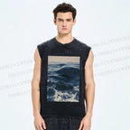 Unisex Japanese Sea Wave Printed Washed Tank Top