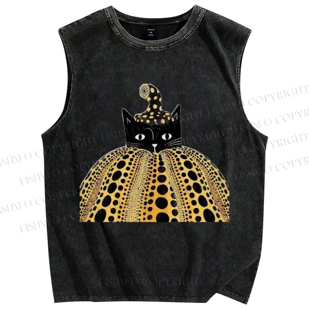 Unisex Yayoi Kusama Cat Pumpkin Printed Washed Tank Top