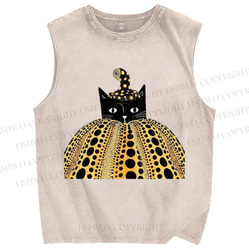 Unisex Yayoi Kusama Cat Pumpkin Printed Washed Tank Top