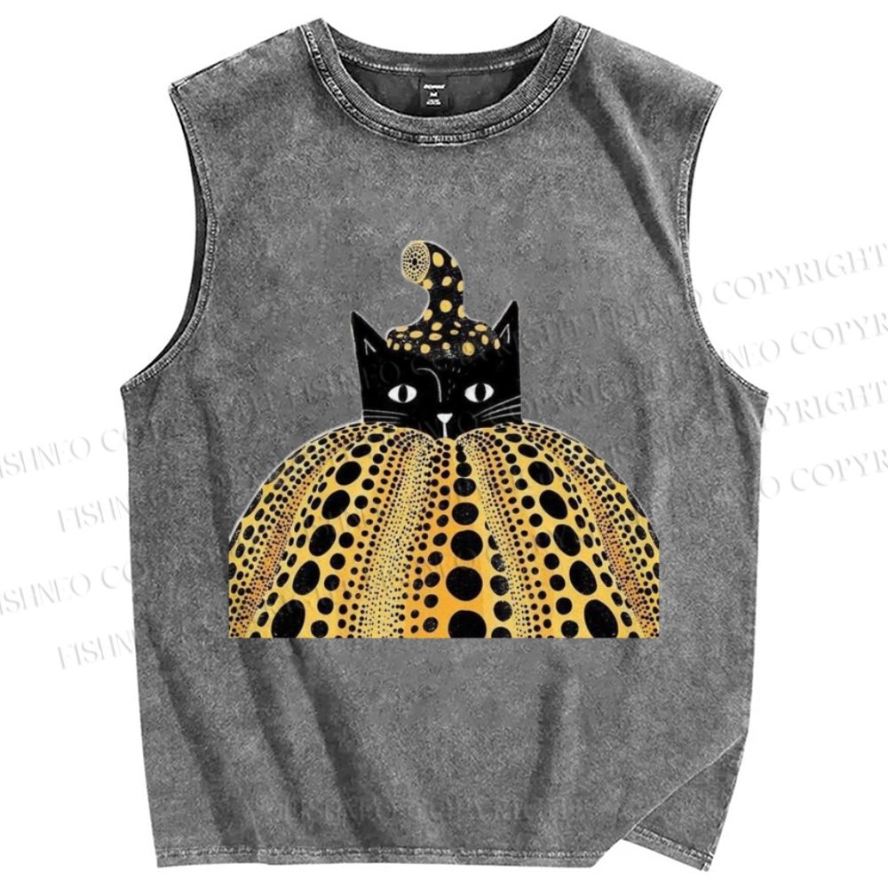 Unisex Yayoi Kusama Cat Pumpkin Printed Washed Tank Top