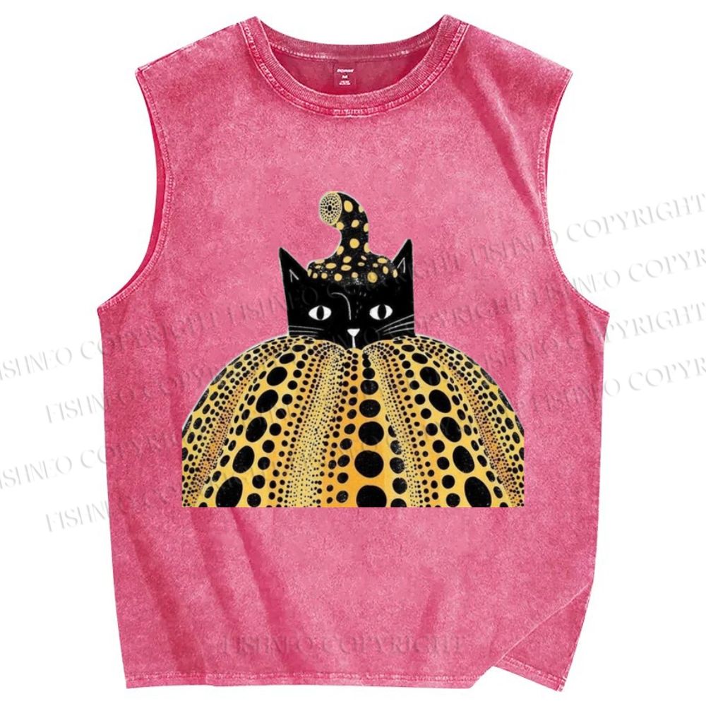 Unisex Yayoi Kusama Cat Pumpkin Printed Washed Tank Top