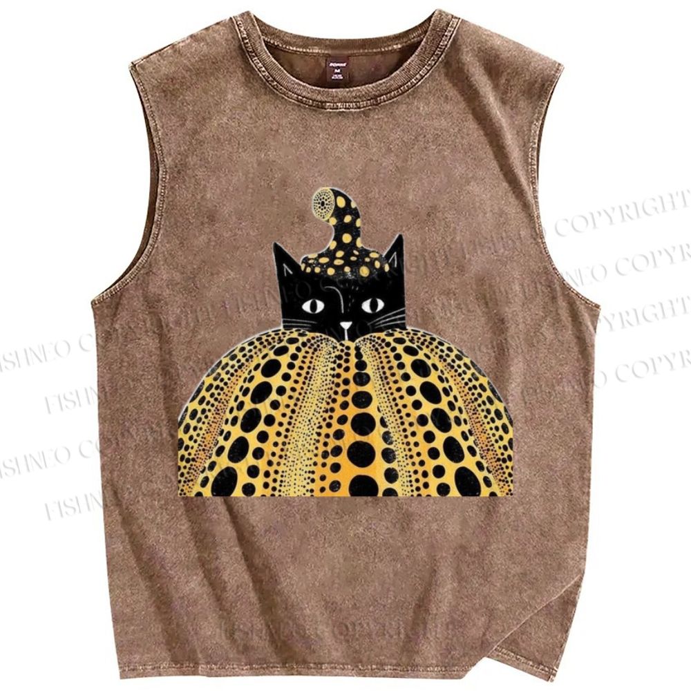 Unisex Yayoi Kusama Cat Pumpkin Printed Washed Tank Top
