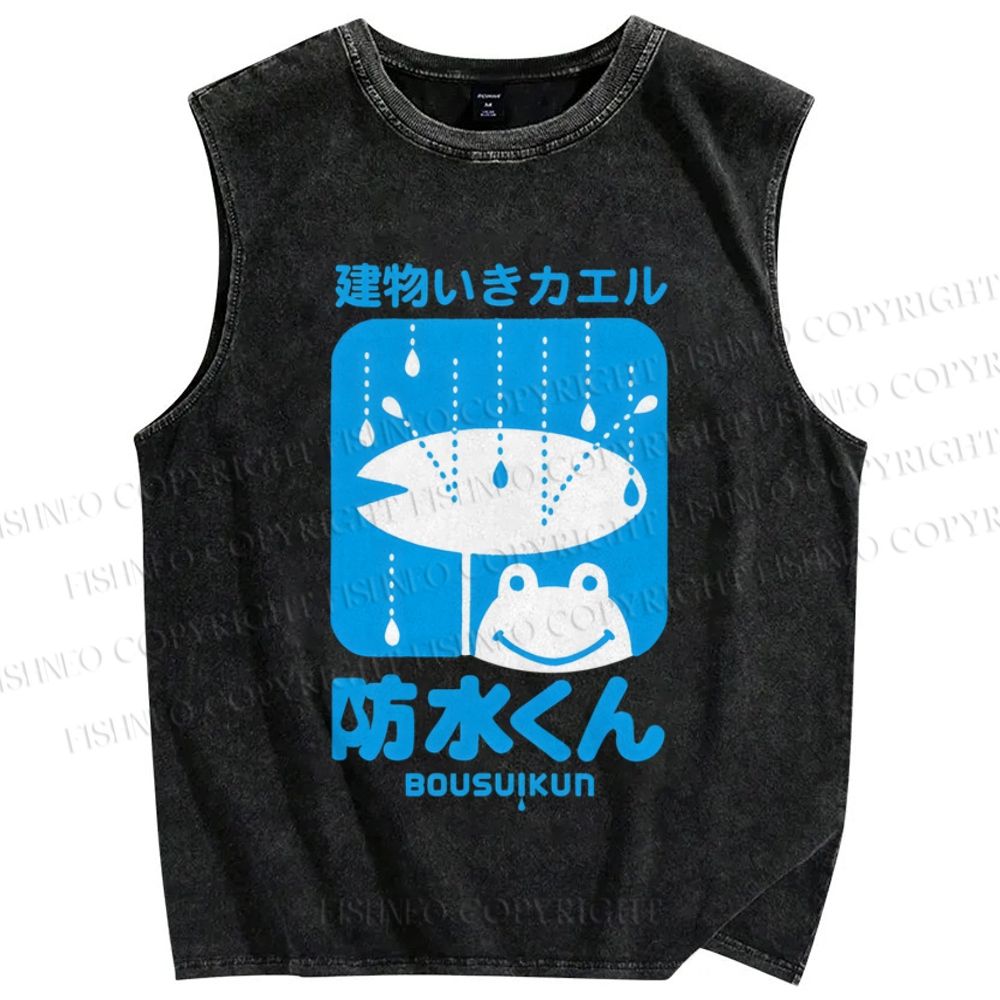 Unisex Building Frog Printed Washed Tank Top