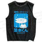Unisex Building Frog Printed Washed Tank Top