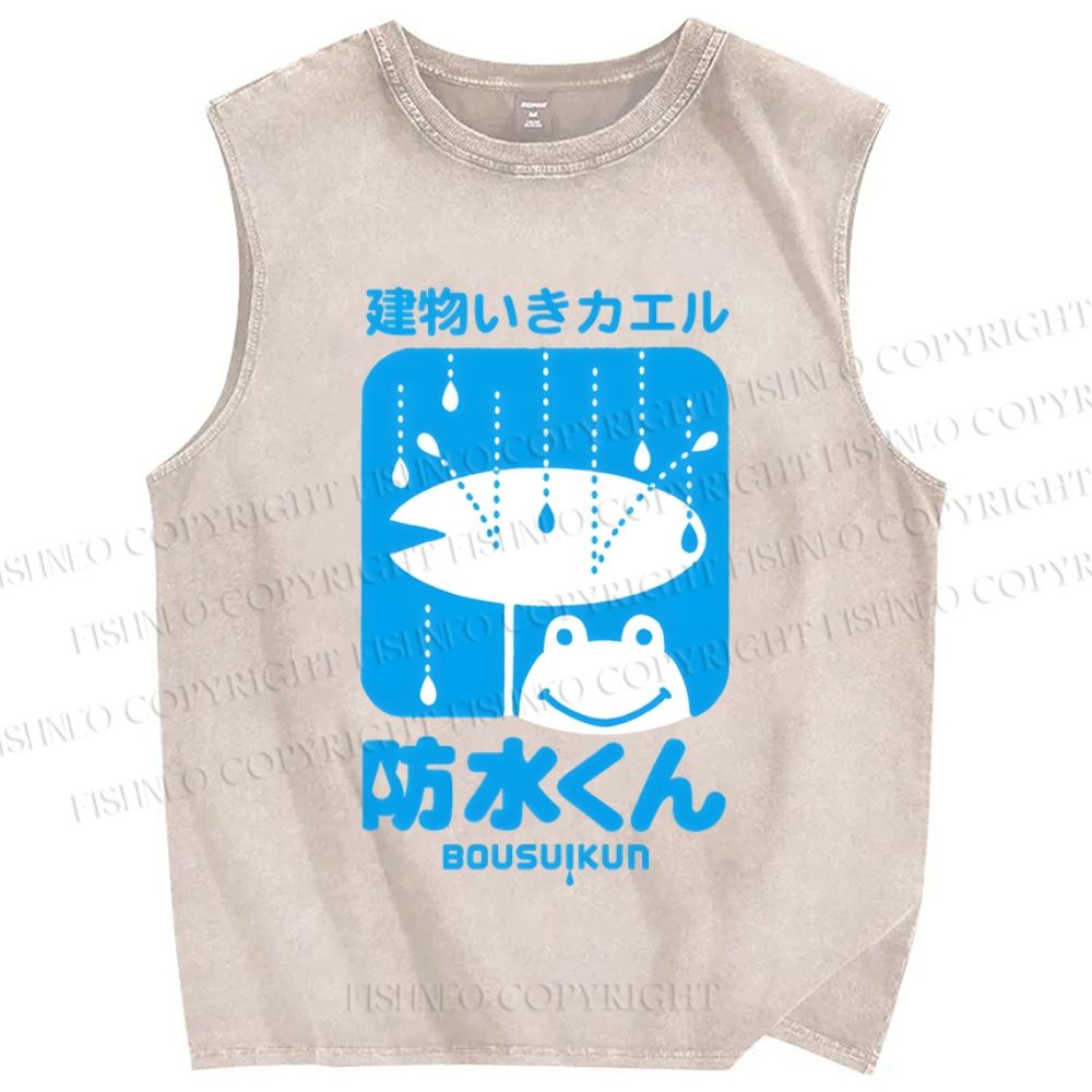 Unisex Building Frog Printed Washed Tank Top