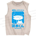 Unisex Building Frog Printed Washed Tank Top
