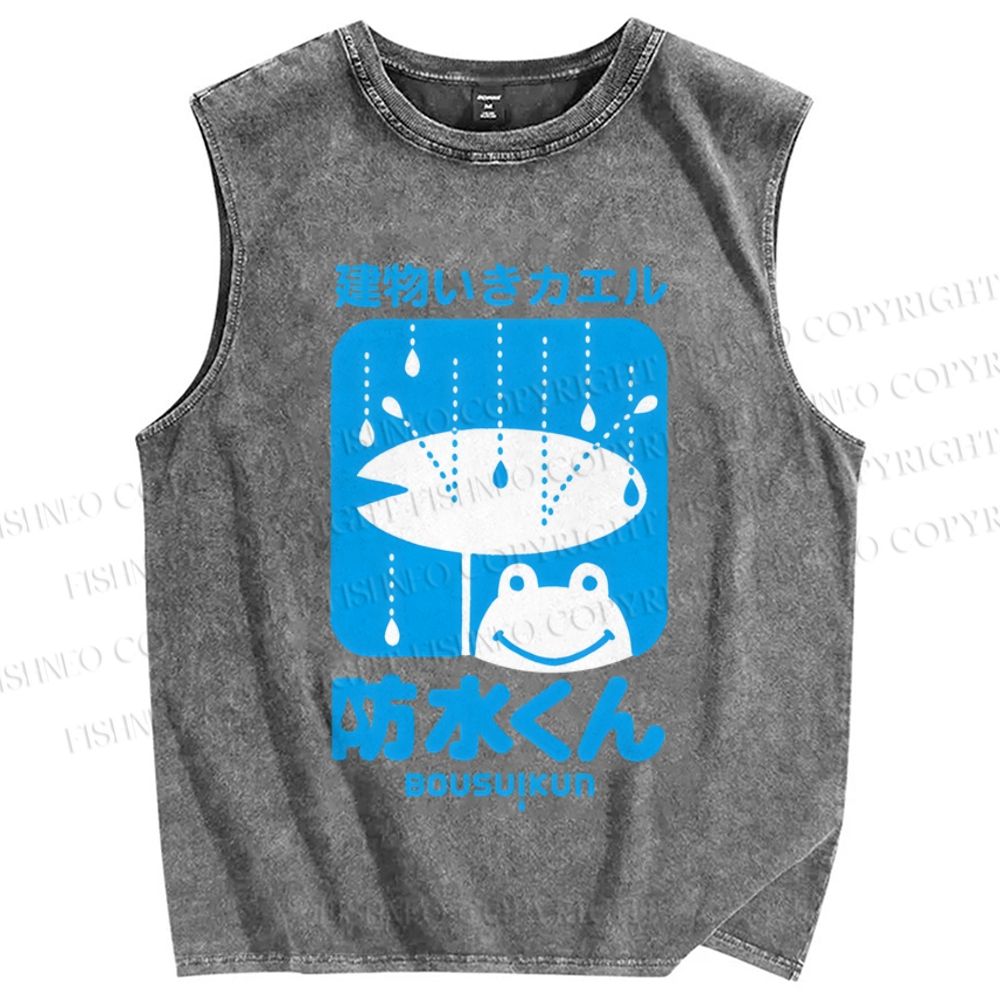 Unisex Building Frog Printed Washed Tank Top