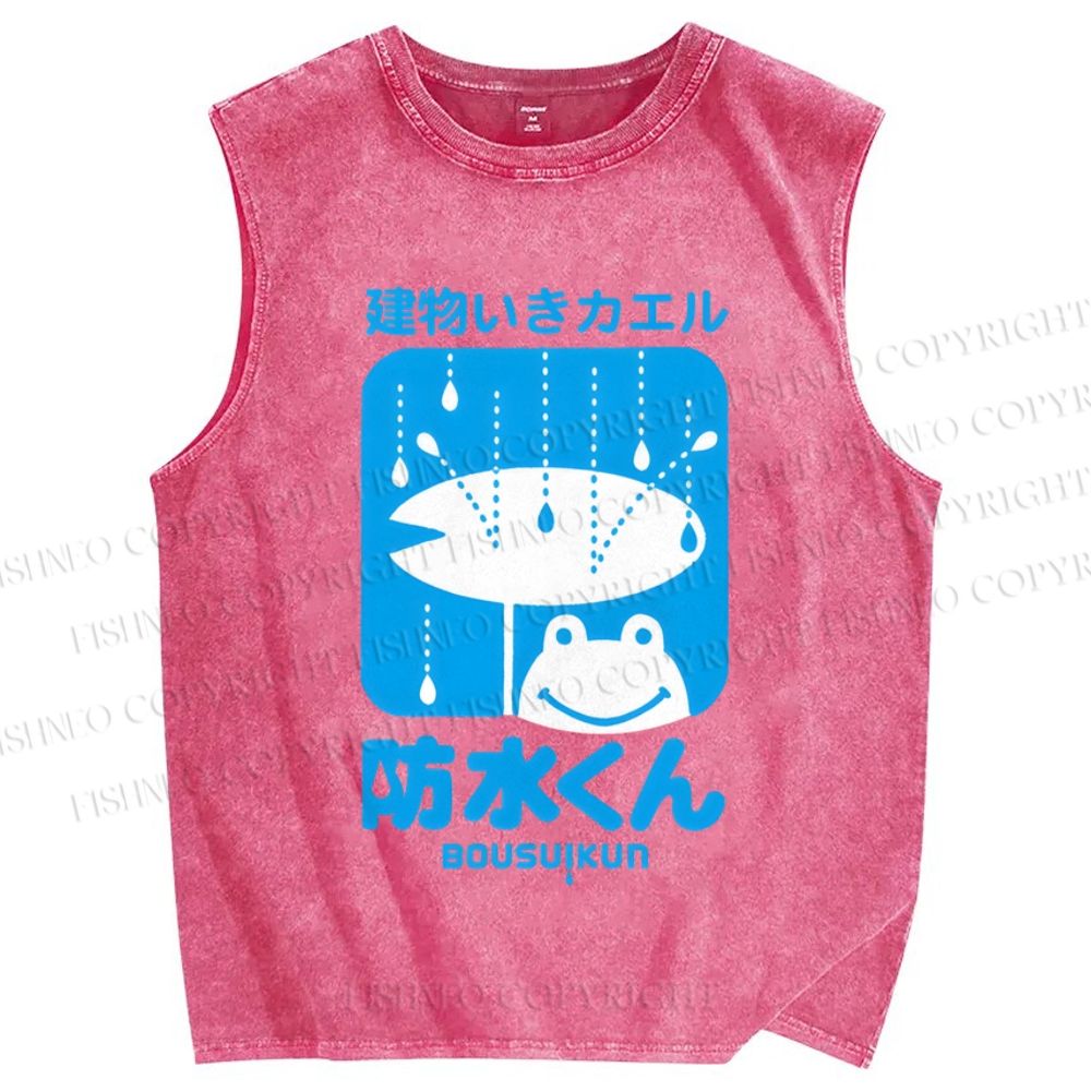 Unisex Building Frog Printed Washed Tank Top