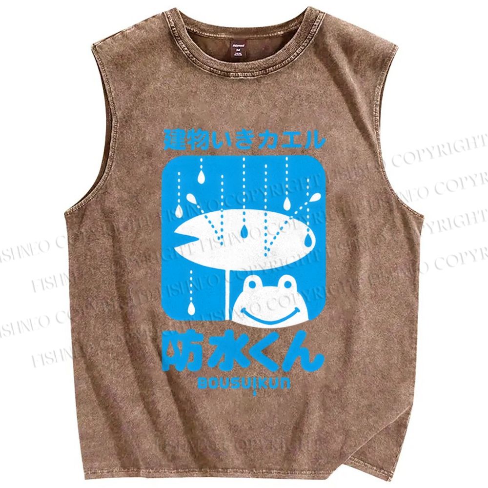 Unisex Building Frog Printed Washed Tank Top