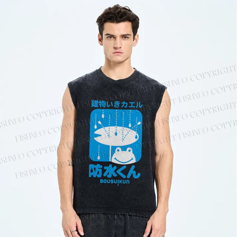 Unisex Building Frog Printed Washed Tank Top