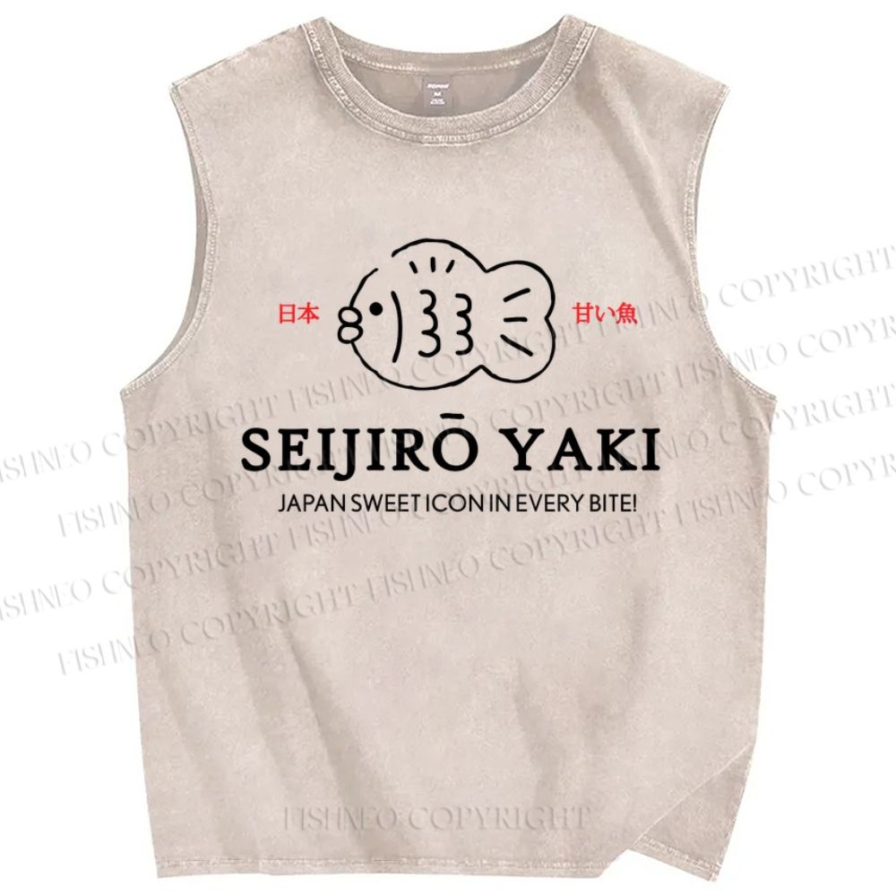 Unisex Japan Fish Printed Washed Tank Top