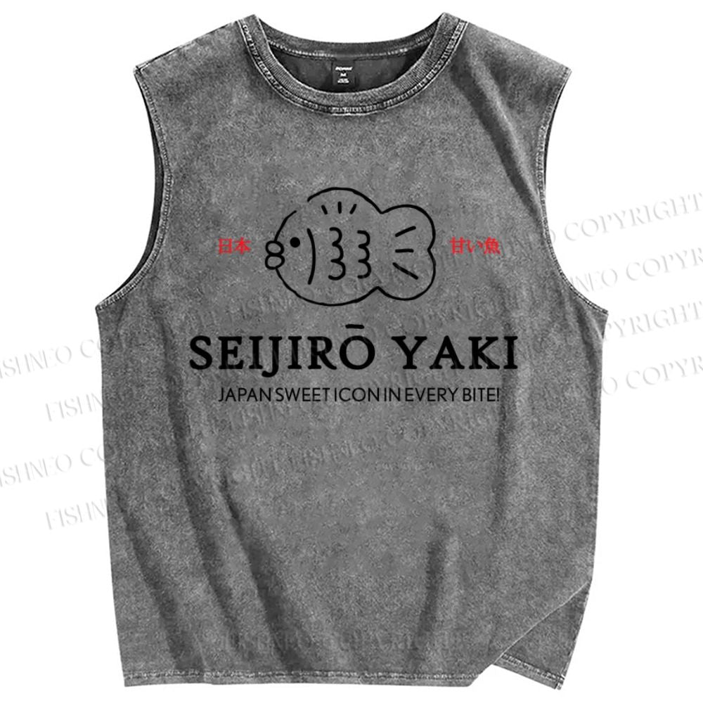 Unisex Japan Fish Printed Washed Tank Top