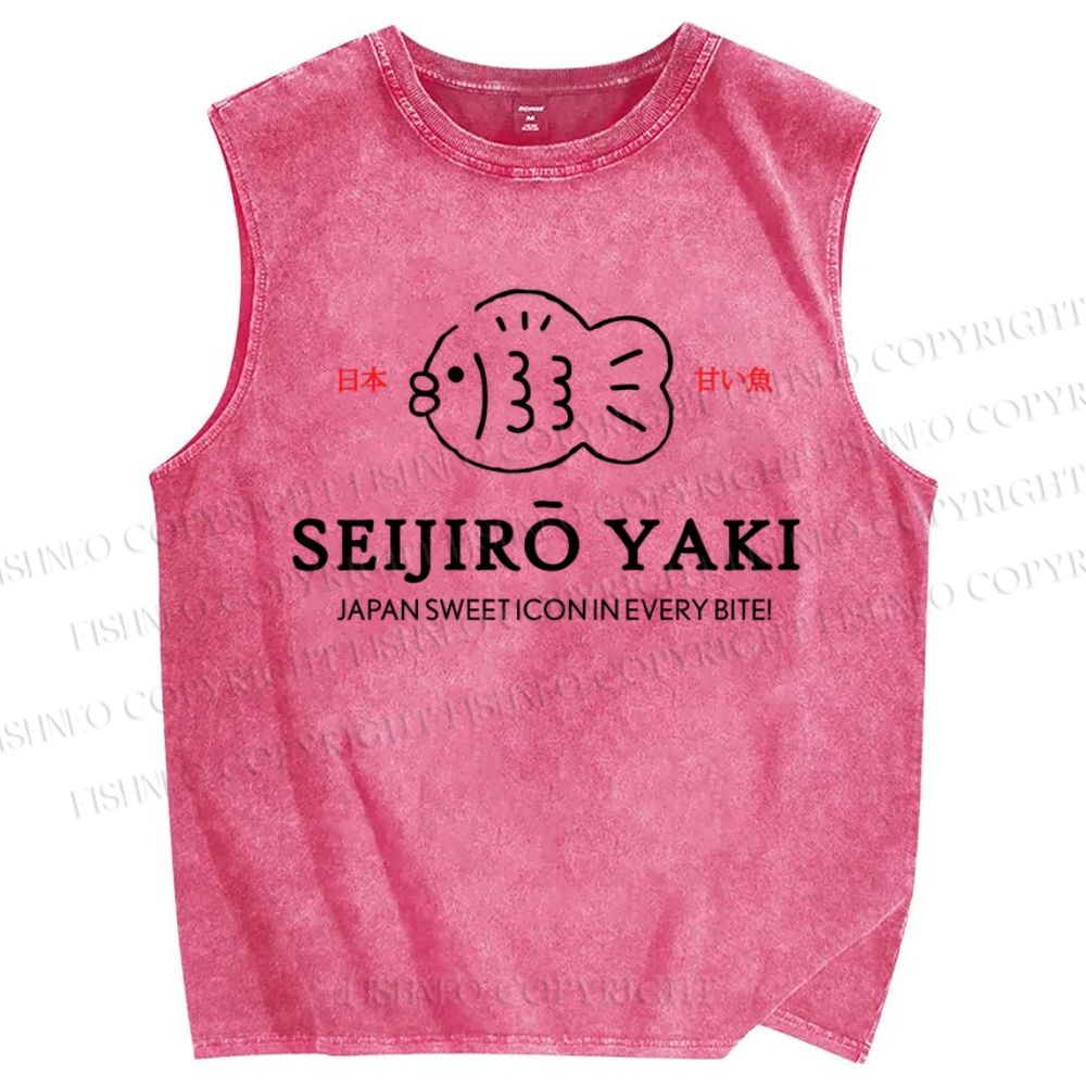 Unisex Japan Fish Printed Washed Tank Top