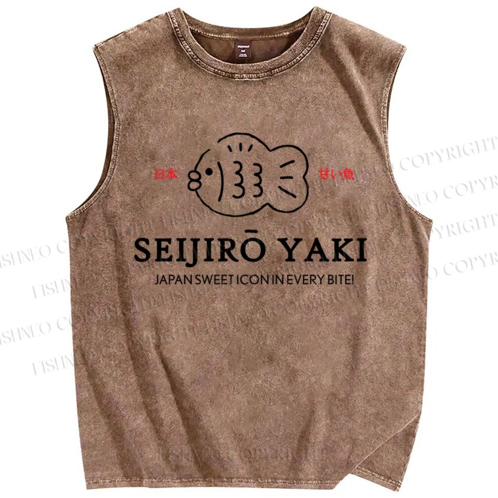 Unisex Japan Fish Printed Washed Tank Top
