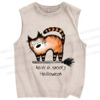 Unisex Halloween Cat Printed Washed Tank Top