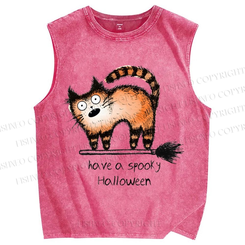 Unisex Halloween Cat Printed Washed Tank Top