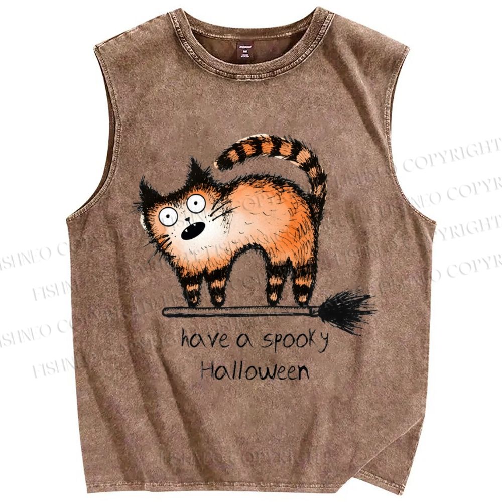 Unisex Halloween Cat Printed Washed Tank Top