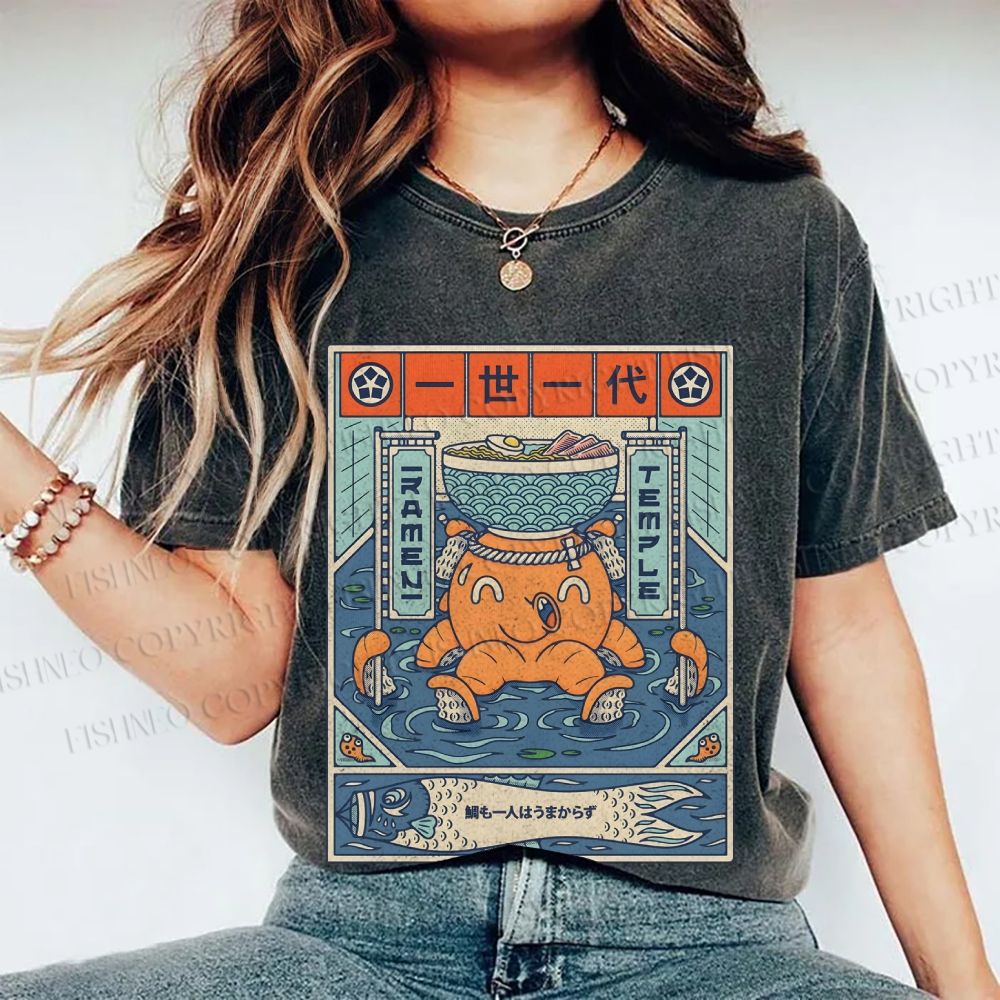 Unisex Japanese Octopus Ramen Printed Washed Tee