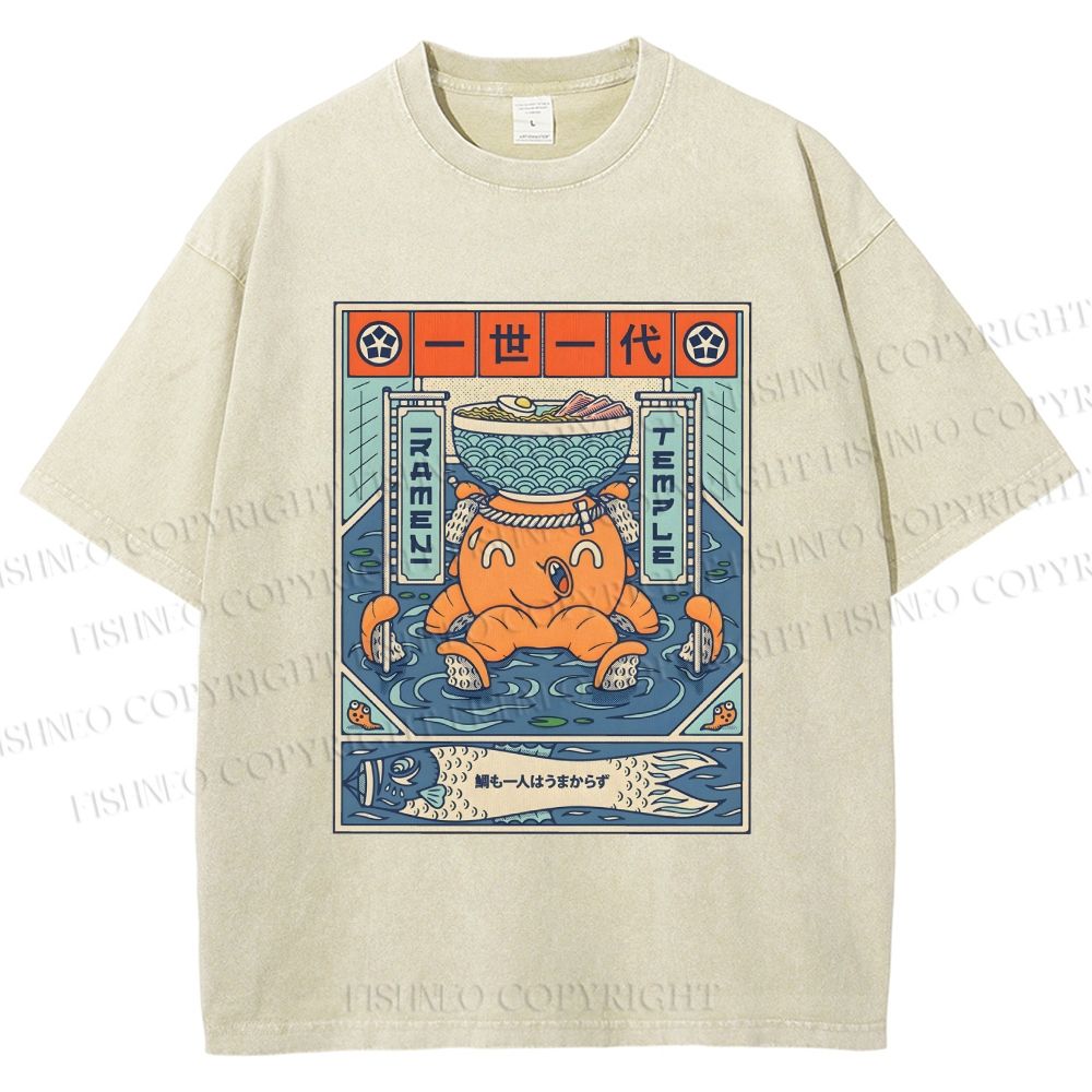 Unisex Japanese Octopus Ramen Printed Washed Tee