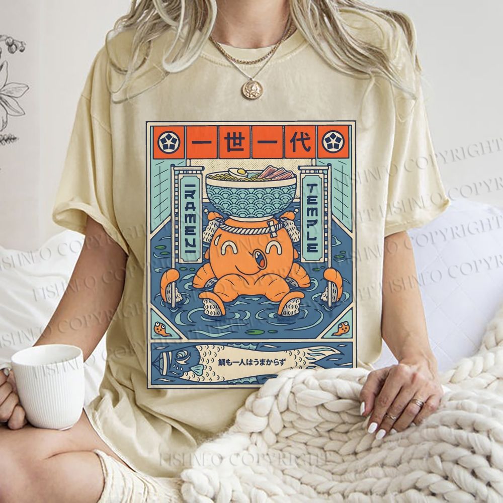 Unisex Japanese Octopus Ramen Printed Washed Tee