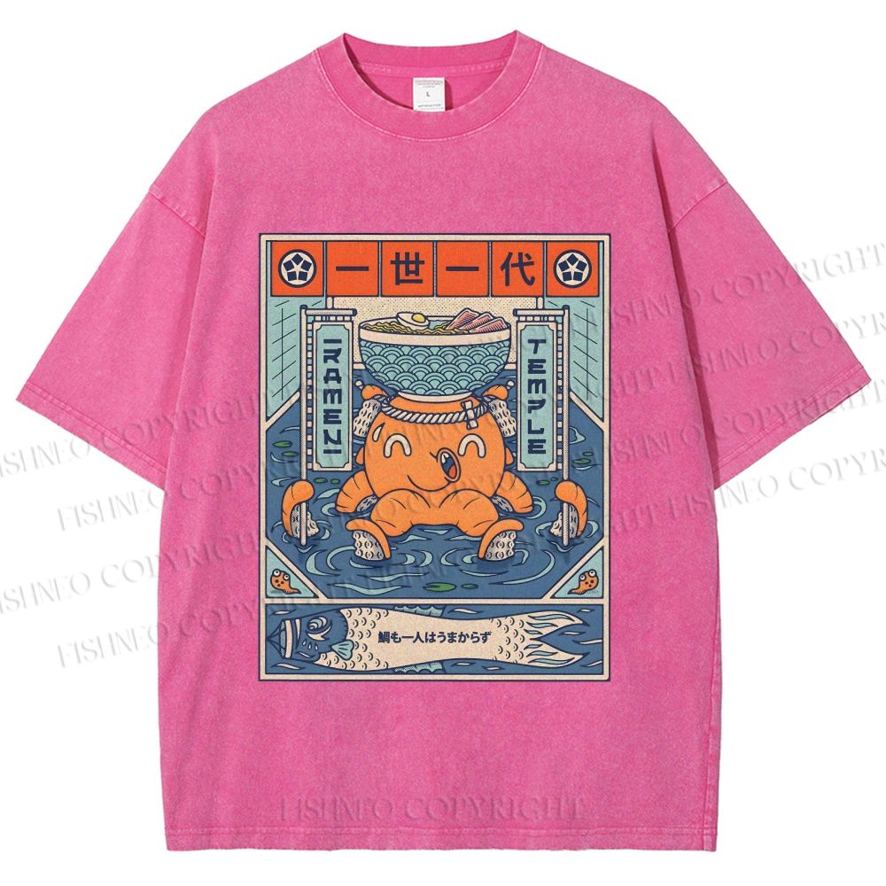 Unisex Japanese Octopus Ramen Printed Washed Tee