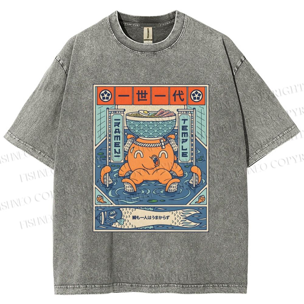 Unisex Japanese Octopus Ramen Printed Washed Tee