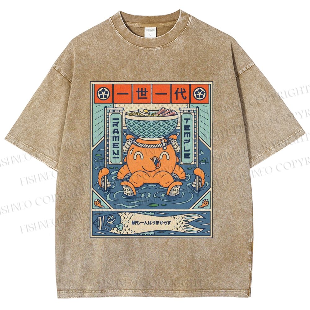 Unisex Japanese Octopus Ramen Printed Washed Tee