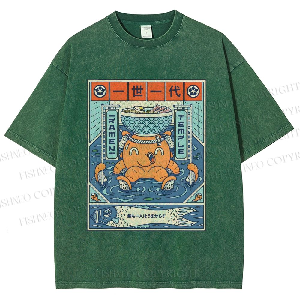 Unisex Japanese Octopus Ramen Printed Washed Tee