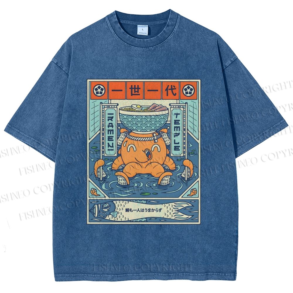 Unisex Japanese Octopus Ramen Printed Washed Tee