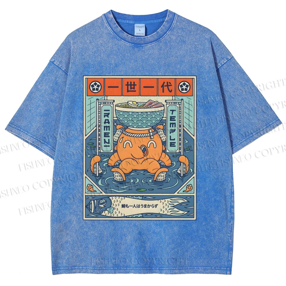 Unisex Japanese Octopus Ramen Printed Washed Tee