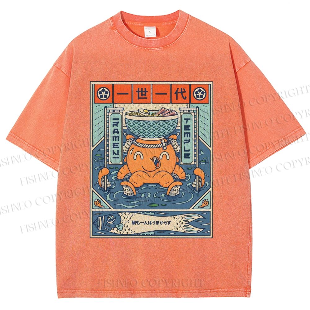 Unisex Japanese Octopus Ramen Printed Washed Tee