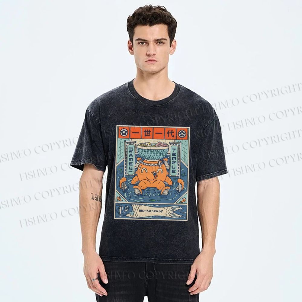 Unisex Japanese Octopus Ramen Printed Washed Tee