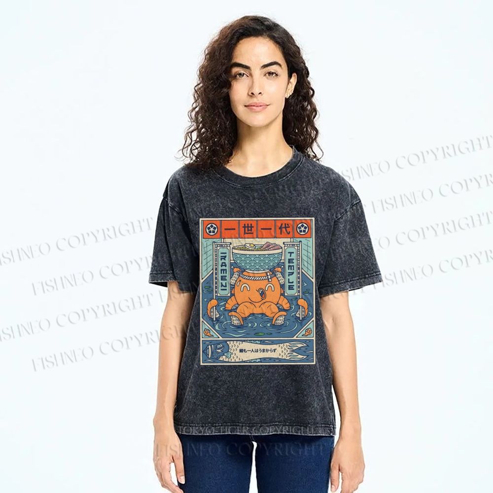 Unisex Japanese Octopus Ramen Printed Washed Tee