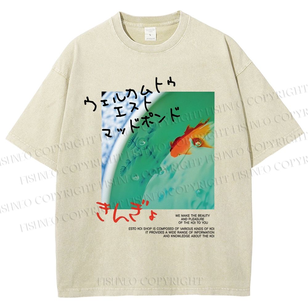Unisex Lotus Pond Goldfish Printed Washed Tee