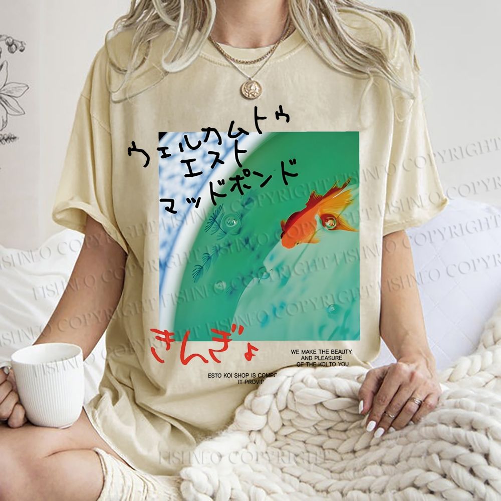 Unisex Lotus Pond Goldfish Printed Washed Tee