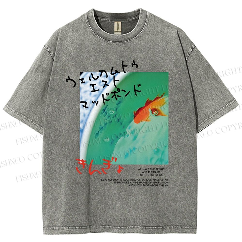 Unisex Lotus Pond Goldfish Printed Washed Tee
